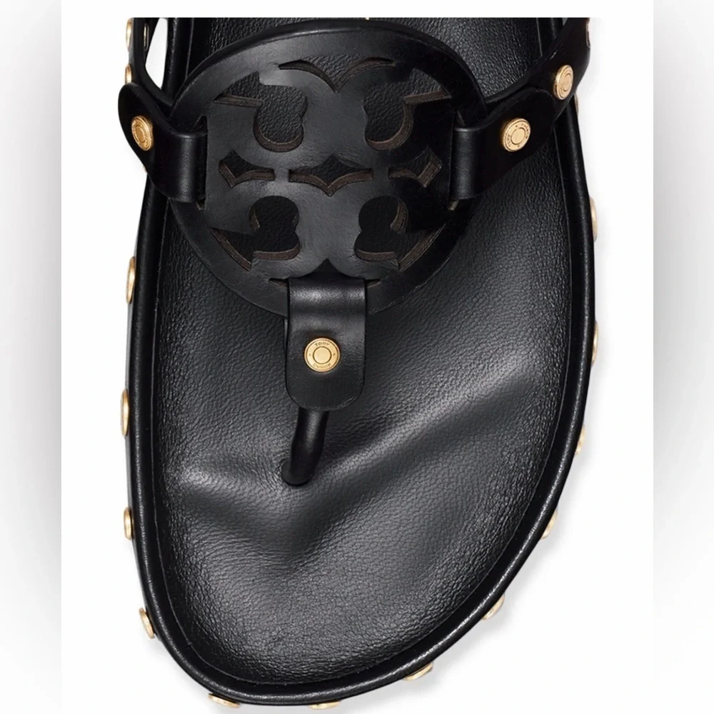 🔥🔥NWT Authentic Tory Burch Miller Cloud Gold Coin Thong Sandals Black 11 M